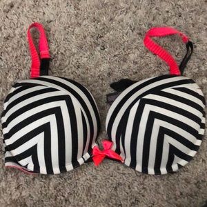 Black White Striped Push Up Bra w Neon Pink Straps